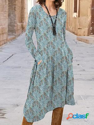 Casual Vintage Print Crew Neck Long Sleeve Midi Dress