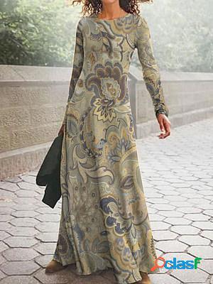 Casual Vintage Print Long Sleeve Crew Neck Party Maxi Dress