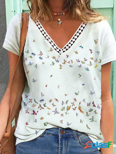 Casuale Farfalla Patchwork Pizzo Jersey T-shirt