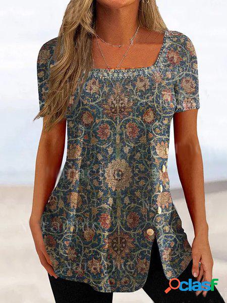 Casuale Fibbia etnico Stampato Collo quadrato T-shirt