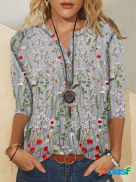 Casuale Floreale Scollo a V Sciolto Camicia