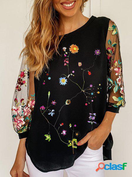 Casuale Ricamo Girocollo Camicia