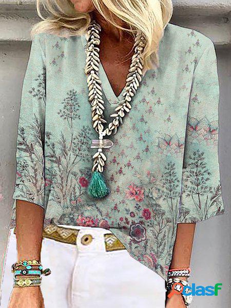 Casuale Scollo a V Floreale Camicia