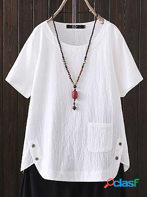 Cotton And Linen Solid Color Short-sleeved Blouse