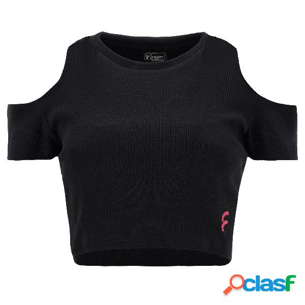 Crop top slim fit in costina con oblò sulle spalle