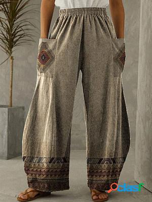 Elastic Waist Printed Pockets Wide Leg Womens Pants