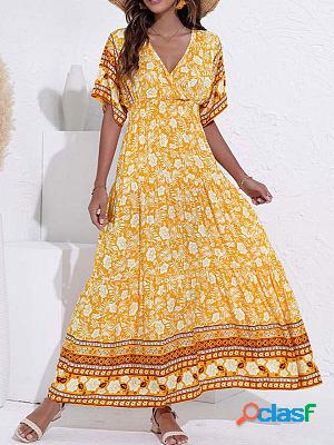 Elegant V-neck Fashion Print High Waist Swing Maxi Dresses