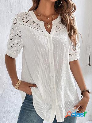 Fashion Lace Panel V-neck Button Short Sleeves Blouses