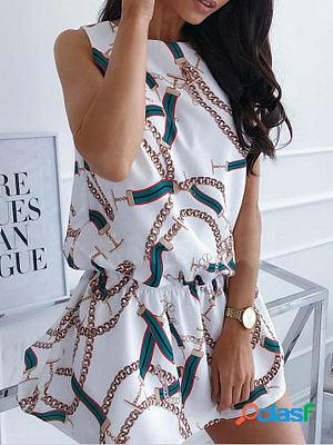 Fashion Round Neck Waist Print Shift Dresses