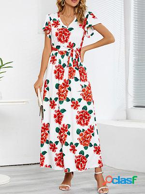 Fashion Slim Short-sleeved V-neck Rose Print Maxi Dresses