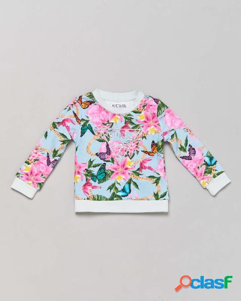 Felpa azzurra con fantasia all-over floreale con foglie e