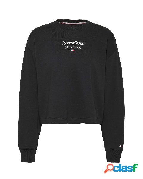 Felpa girocollo nera boxy fit in cotone con logo bianco
