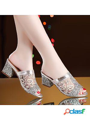 Fish Mouth Mid-heel Mesh Chunky Heel Sequined Casual High