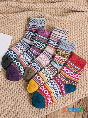 Five Pairs Ethnic Thicken Warm Printed Socks