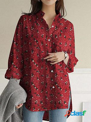 Floral Print Button Pocket Stand Collar Long Sleeve Blouse