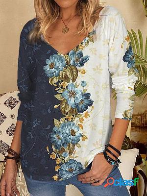 Floral Print Round Neck Pullover Long Sleeve T-shirt
