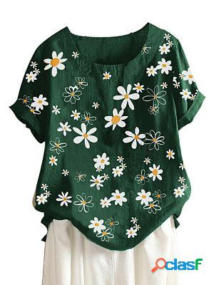 Floral Print Round Neck Pullover Loose Casual Short-sleeved