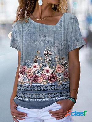 Floral Printed Square Neck Short Sleeves T-shirt