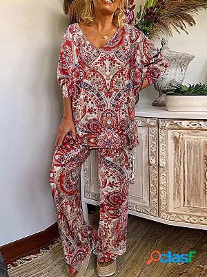 Floral Printed V Neck Tops East Waist Bottoms Women Suits