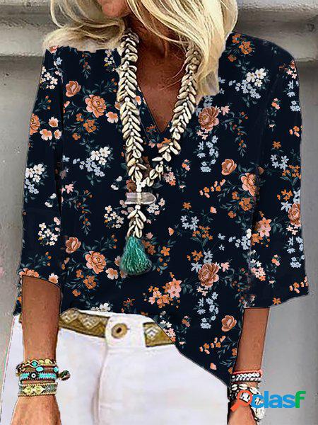 Floreale Scollo a V Stampa Casuale Camicia