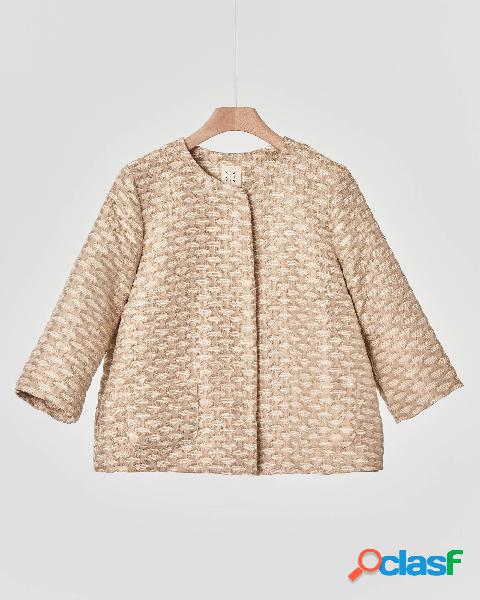 Giacca color beige senza collo in misto cotone effetto