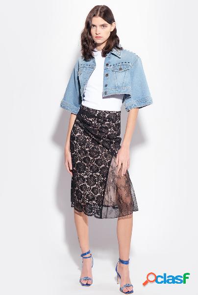 Gonna midi nera in pizzo rebrodé dal pattern floreale con