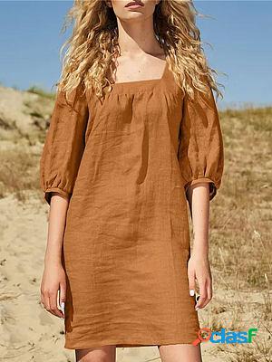 Half Sleeve Square Neck Loose Casual Solid Color Cotton