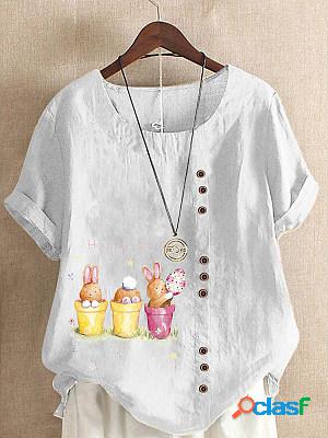 Happy Easter Round Neck Short Sleeves Printed Linen Blend