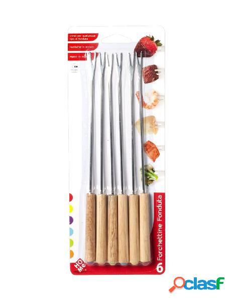 H&h - set 6 forchette fonduta con manico in legno chiaro