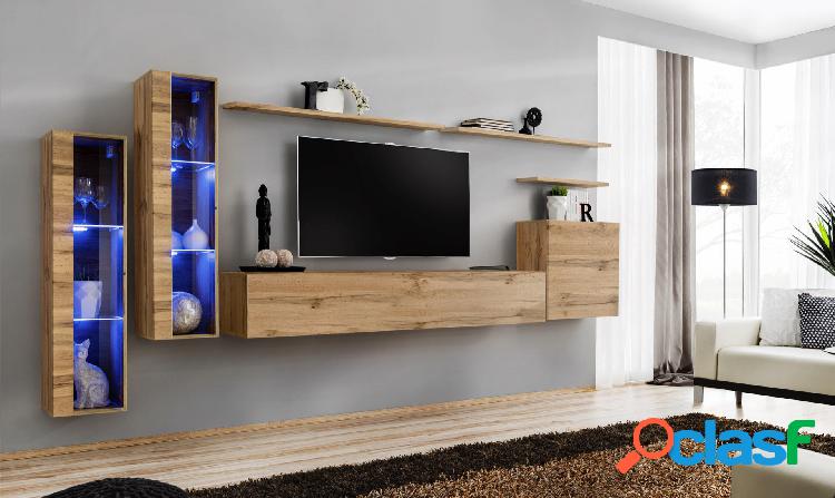 Imelda - Parete moderna componibile con luci a led quercia