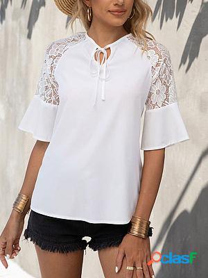 Lace Loose Round Neck Solid Color Pullover Short-sleeved