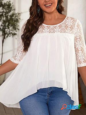 Lace Panel Elegant Lace Chiffon Round Neck Blouses