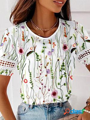 Lace Panel Flower Print Short Sleeve Crew Neck T-Shirt