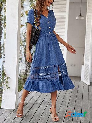 Lace Paneled Short Sleeves Buttoned V Neck Midi Dress