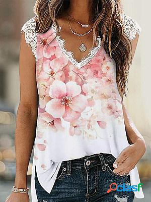 Lace Paneled V Neck Floral Printed Sleeveless T-shirt