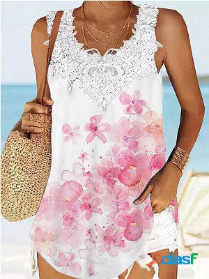 Lace Patchwork Floral Print Casual Sleeveless T-shirt