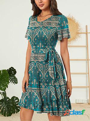 Lace-up Round Neck Printed Short-sleeved Waist Irregular