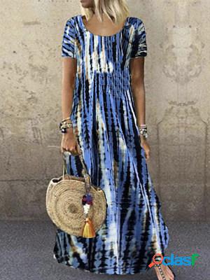 Ladies Round Neck Short Sleeve Tie-dye Printed Maxi Dress