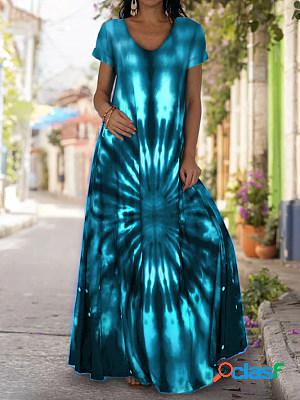 Ladies Tie-dye Printed Short-sleeved V-neck And Floor-length