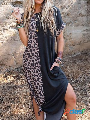Leopard Printed Paneled Short Sleeves Round Neck Shift Dress