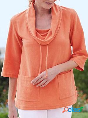 Linen Blend Solid Casual Pockets Half Sleeves Blouse