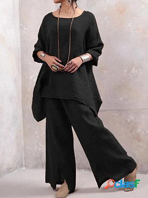 Long Sleeved Loose Fitting Linen Blend Two Pieces Sets