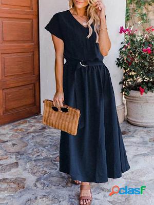 Loose Belt Waist Solid Color Swing Maxi Dresses