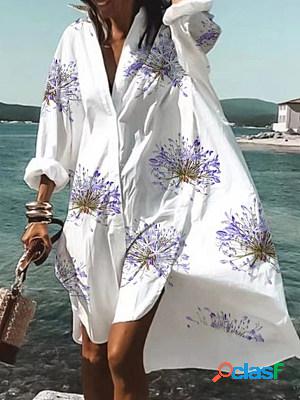 Loose Floral Print Long Sleeve Lapel Short Dress