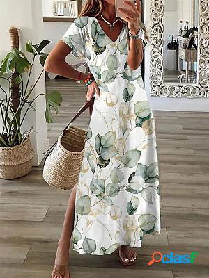 Loose Leaf Print V-neck Lounge Maxi Dresses