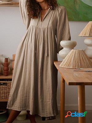 Loose Linen V Neck Half Sleeves Midi Dress