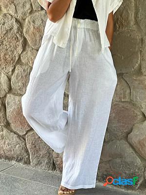Loose Pocket Drawcord Wasit Casual White Linen Pants