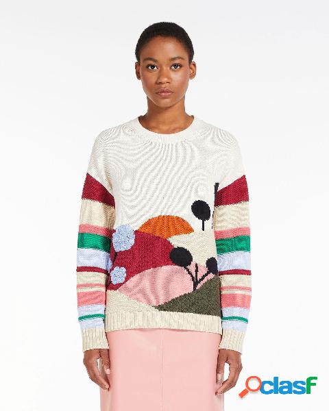 Maglia bianca in misto cotone con paesaggio sul davanti e