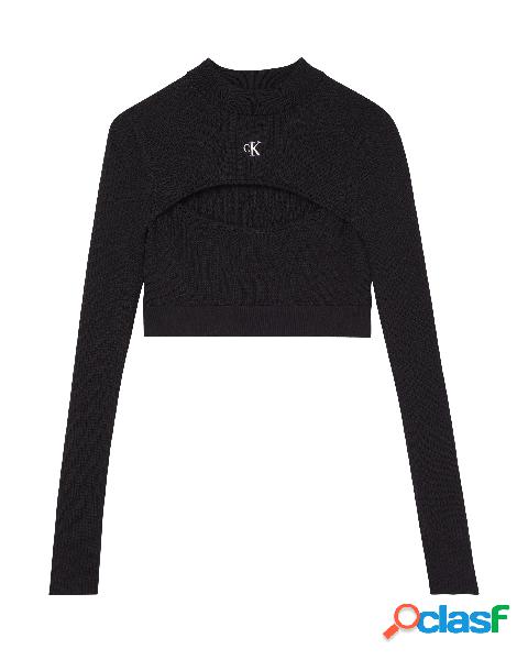 Maglia nera cropped in lyocell a coste con cut-out al petto