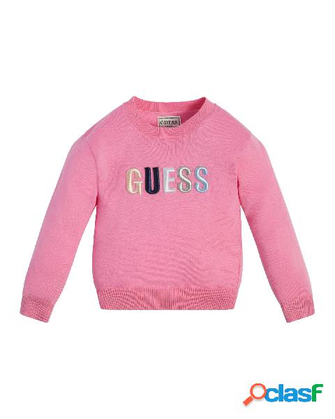Maglia rosa girocollo in misto cotone con logo multicolore